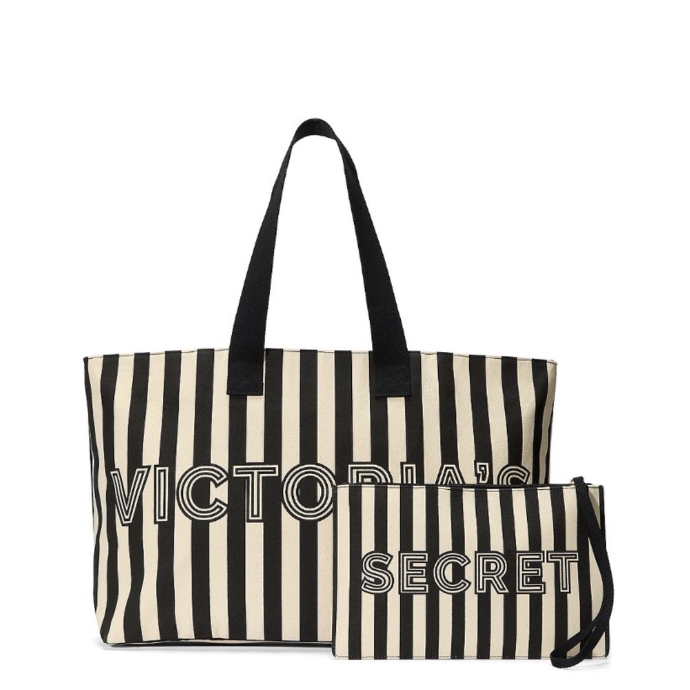 Victoria's Secret Black and Cream Striped Tote Bag